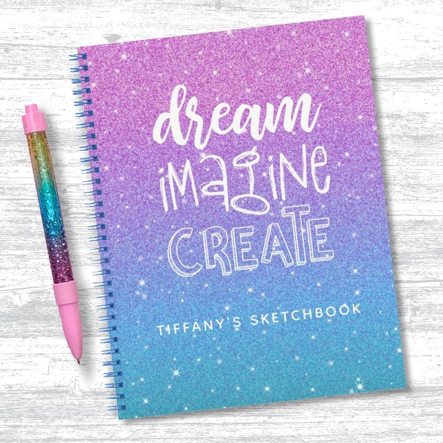 Cuaderno .Elegant Manual de Purpurina de Ombre Azul Púrpura (A cute purple and blue glitter sketchbook with the words dream imagine create. Personalize it.)