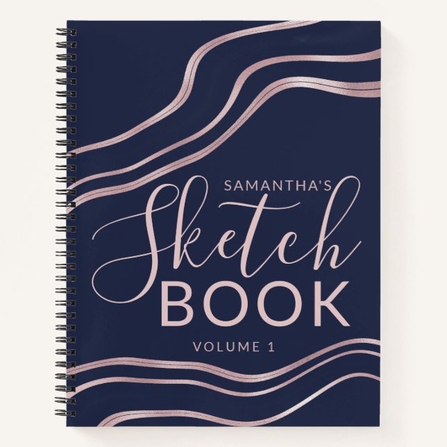 Cuaderno Elegant Navy Blue Rose Gold Sketchbook Your Name (Anverso)