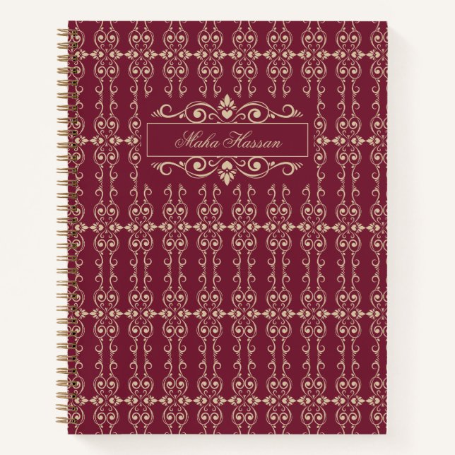 Cuaderno Elegant Personalized Burgundy & Gold Floral Swirl  (Anverso)