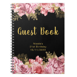 Cuaderno Elegant Pink and Gold Flowers Birthday Guest Book
