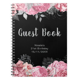 Cuaderno Elegant Pink and Silver Flower Birthday Guest Book