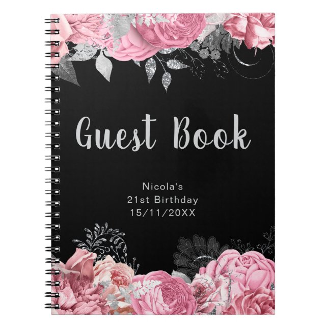 Cuaderno Elegant Pink and Silver Flower Birthday Guest Book (Frente)