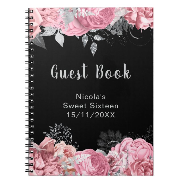 Cuaderno Elegant Pink and Silver Flowers Sweet Sixteen (Frente)