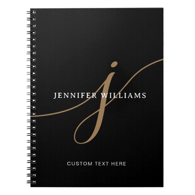 Cuaderno Elegant Plain Black and Gold Script Monogram (Frente)