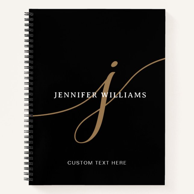 Cuaderno Elegant Plain Black and Gold Script Monogram (Anverso)