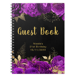 Cuaderno Elegant Purple and Gold Flower Birthday Guest Book
