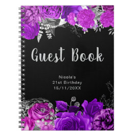 Cuaderno Elegant Purple and Silver Flowers Guest Book
