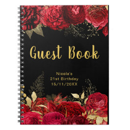 Cuaderno Elegant Red and Gold Flowers Birthday Guest Book