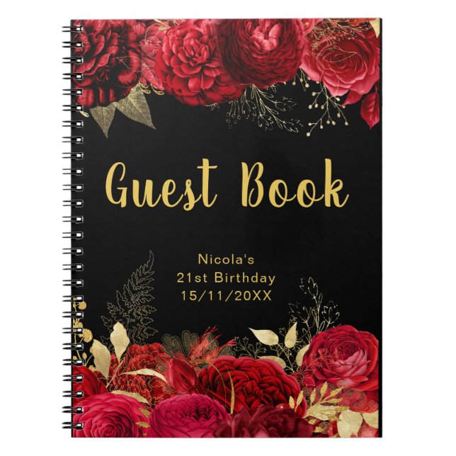 Cuaderno Elegant Red and Gold Flowers Birthday Guest Book (Frente)