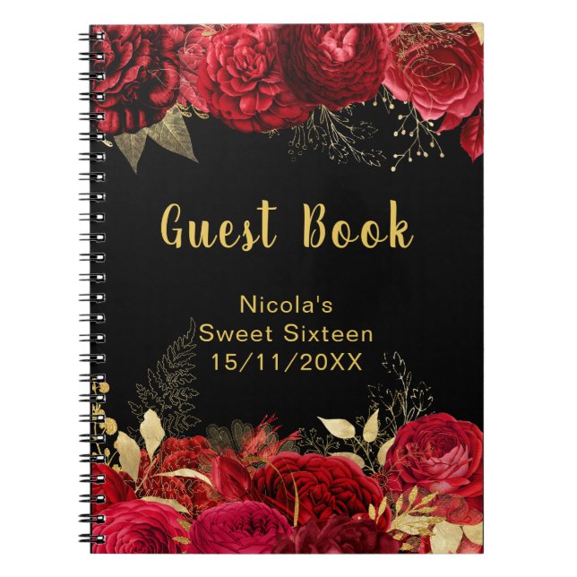 Cuaderno Elegant Red and Gold Flowers Sweet Sixteen (Frente)
