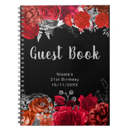 Cuaderno Elegant Red and Silver Flowers Birthday Guest Book