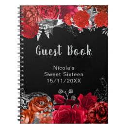 Cuaderno Elegant Red and Silver Flowers Sweet Sixteen