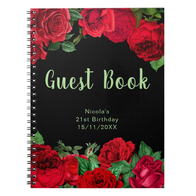 Cuaderno Elegant Red Roses Flowers Birthday Guest Book (Frente)