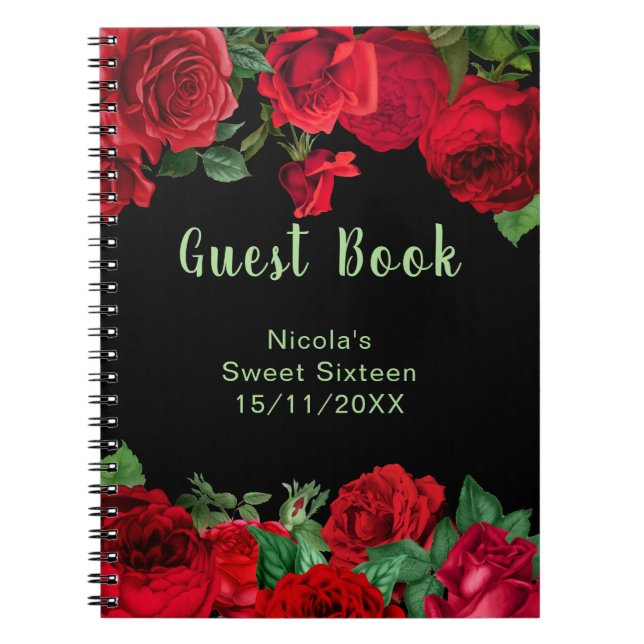 Cuaderno Elegant Red Roses Flowers Sweet Sixteen Guest Book (Frente)