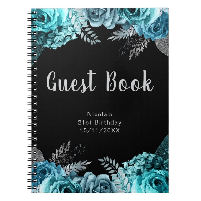 Cuaderno Elegant Teal Blue and Silver Flower Guest Book (Frente)