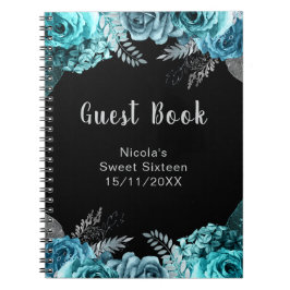 Cuaderno Elegant Teal Blue and Silver Flowers Sweet Sixteen