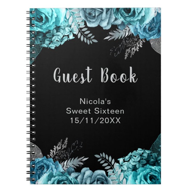 Cuaderno Elegant Teal Blue and Silver Flowers Sweet Sixteen (Frente)