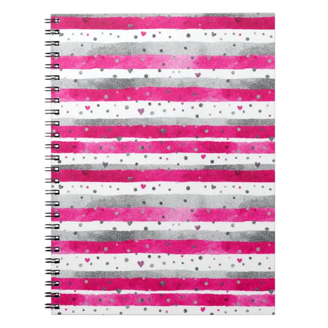 Cuaderno Elegant Valentine Pink Silver Hearts on Striped (Frente)