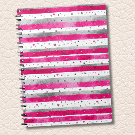 Cuaderno Elegant Valentine Pink Silver Hearts on Striped