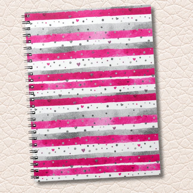 Cuaderno Elegant Valentine Pink Silver Hearts on Striped (Subido por el creador)