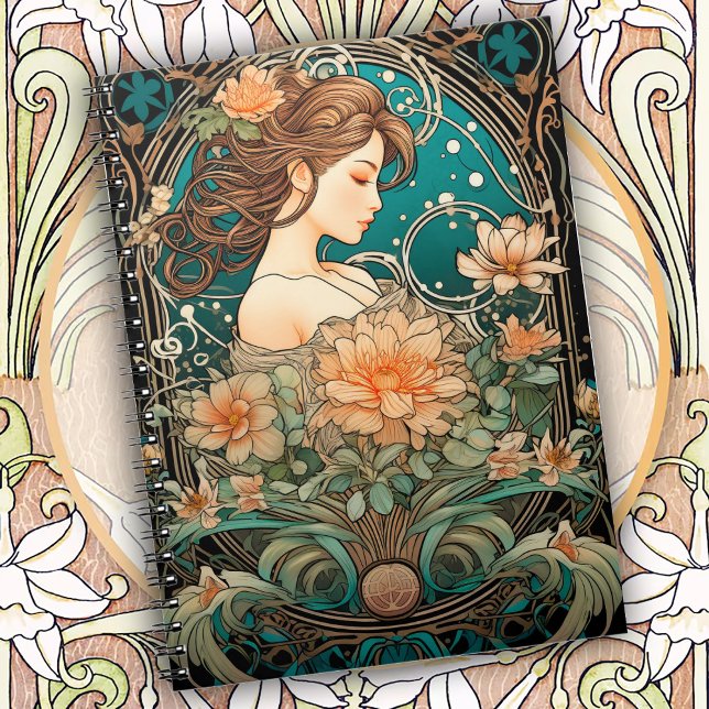 Cuaderno Elegant Woman with Flowing Hair and Soft Flowers (Subido por el creador)