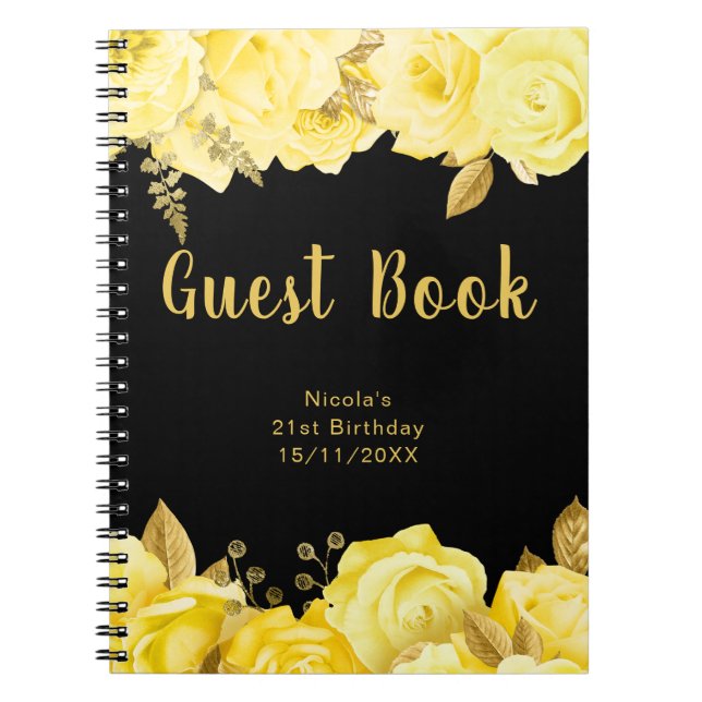 Cuaderno Elegant Yellow and Gold Flower Birthday Guest Book (Frente)
