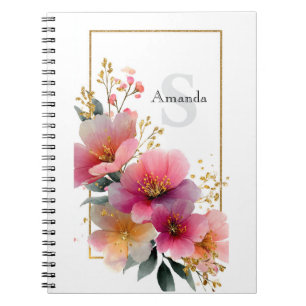 Cuaderno Elegante acuarela de borde floral rosa con dorado