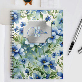 Cuaderno Elegante acuarela floral azul con placa plateada