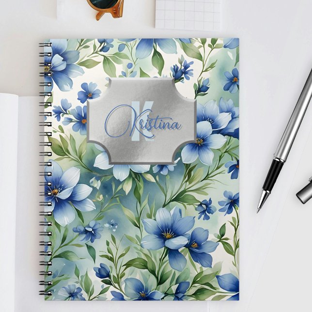 Cuaderno Elegante acuarela floral azul con placa plateada (Subido por el creador)