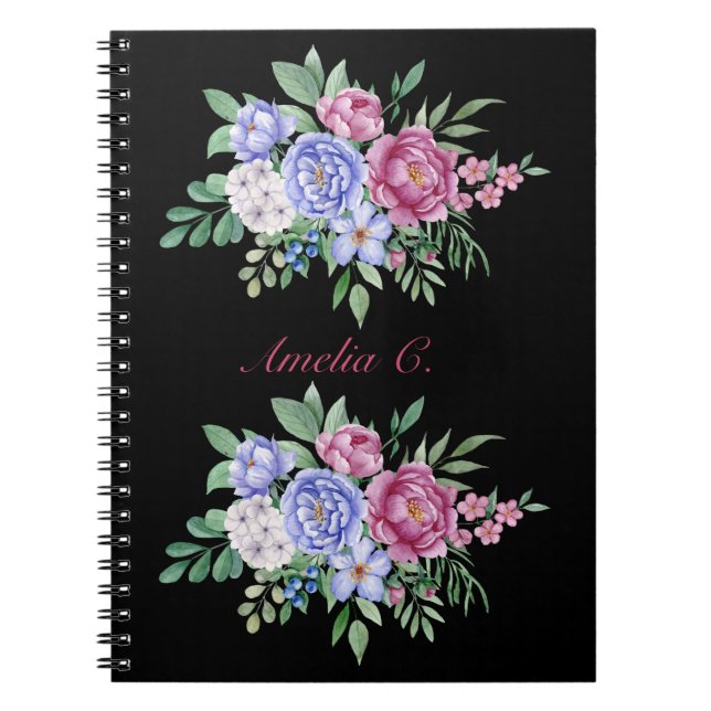 Cuaderno Elegante acuarela Floral Bouquet Black Notebook (Frente)