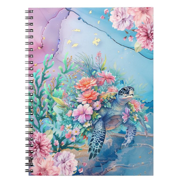 Cuaderno Elegante acuarela Floral Mar Turtle Notebook (Frente)
