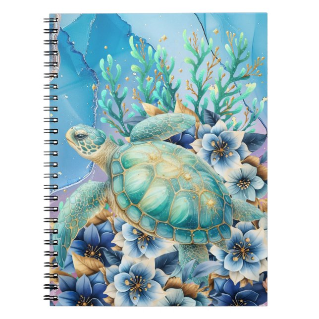 Cuaderno Elegante acuarela Floral Mar Turtle Notebook (Frente)