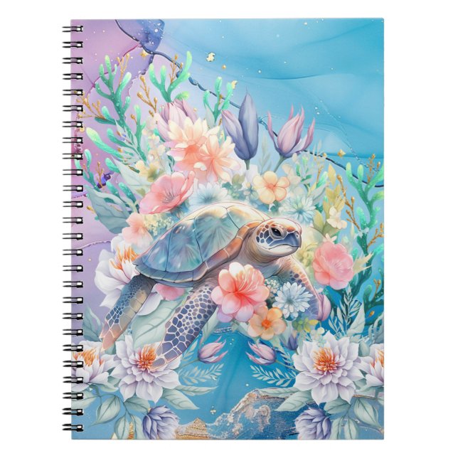Cuaderno Elegante acuarela Floral Mar Turtle Notebook (Frente)