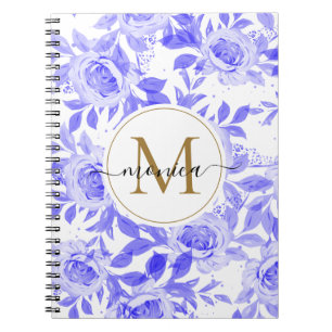 Cuaderno Elegante acuarela Floral Monograma Cobalto Azul