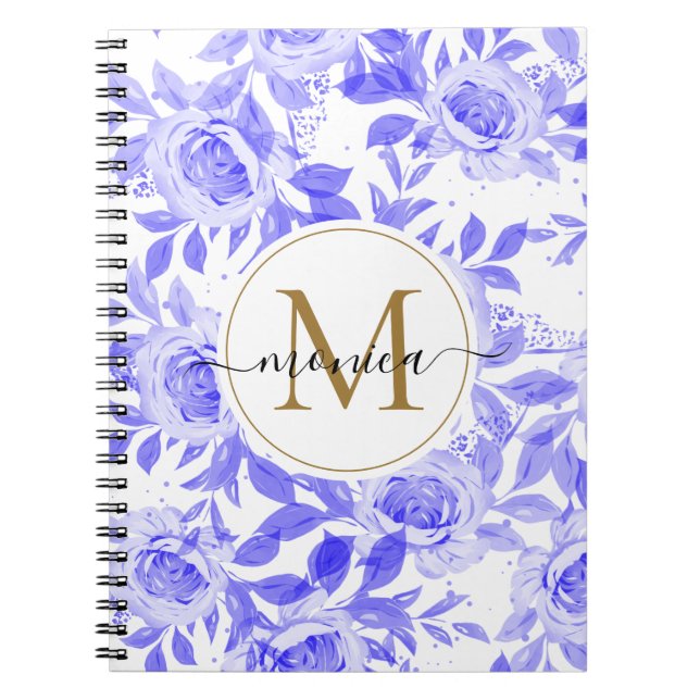 Cuaderno Elegante acuarela Floral Monograma Cobalto Azul (Frente)