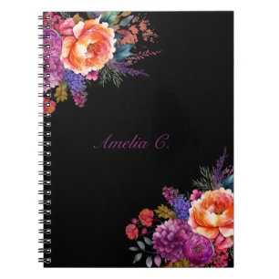 Cuaderno Elegante acuarela floral negro