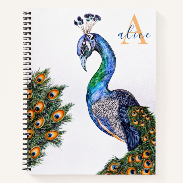 Cuaderno Elegante acuarela Peacock Monograma Blanco (Anverso)