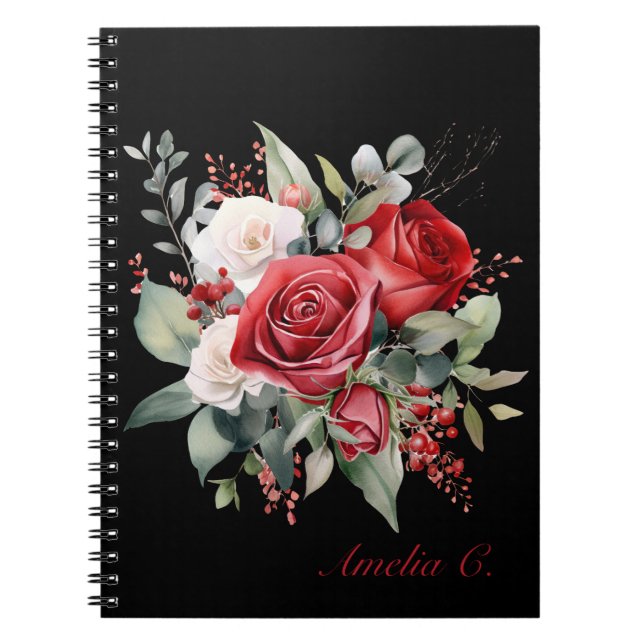 Cuaderno Elegante acuarela Rosa Rojo Bouquet Negro Bloc de  (Frente)