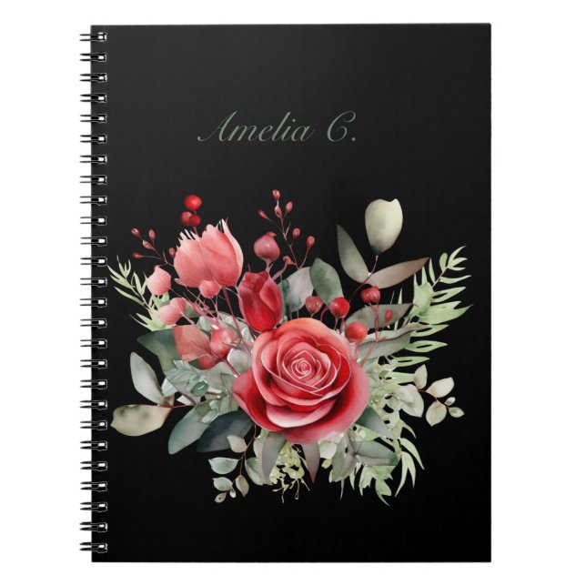 Cuaderno Elegante acuarela Rosa Rojo Bouquet Negro Bloc de  (Frente)