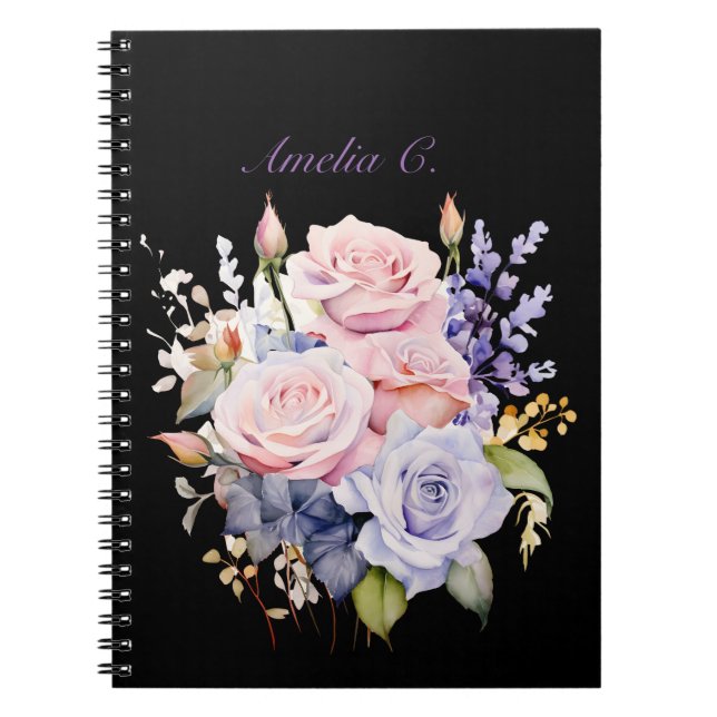 Cuaderno Elegante acuarela Rose Bouquet Black Notebook (Frente)