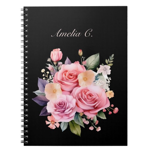 Cuaderno Elegante acuarela Rose Bouquet Black Notebook (Frente)