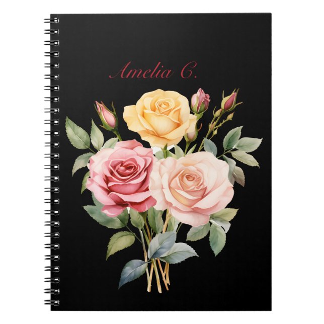Cuaderno Elegante acuarela Rose Bouquet Black Notebook (Frente)