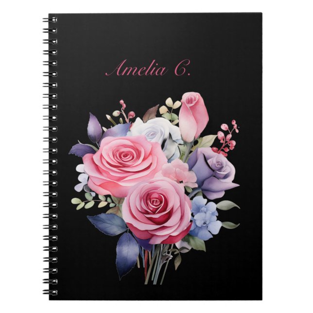 Cuaderno Elegante acuarela Rose Bouquet Black Notebook (Frente)