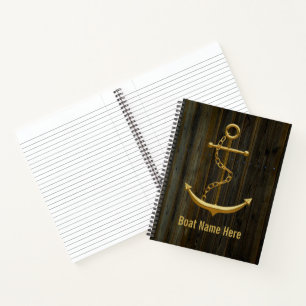 Cuaderno Elegante Ancla Dorada Rustic Dock Wood Moderno