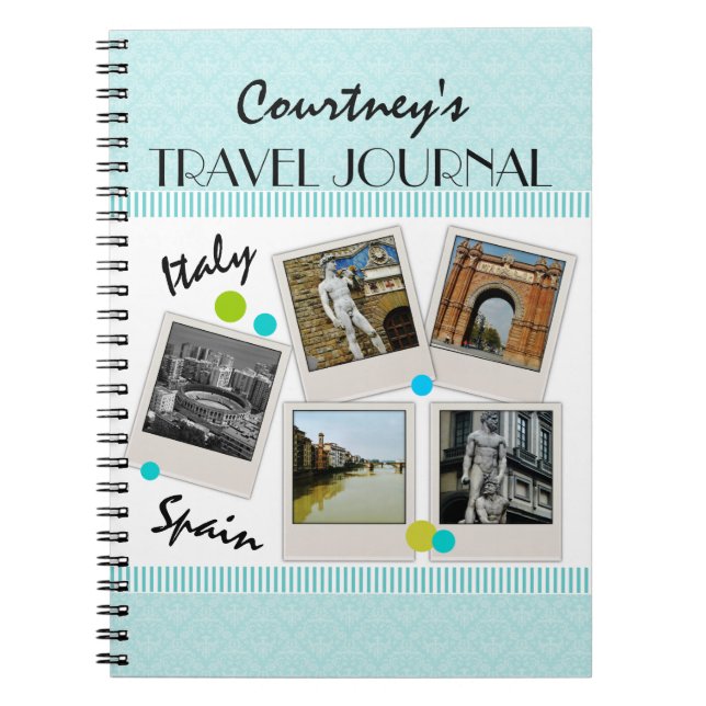 Cuaderno Elegante Aqua Damask Travel Journal y Fotos (Frente)