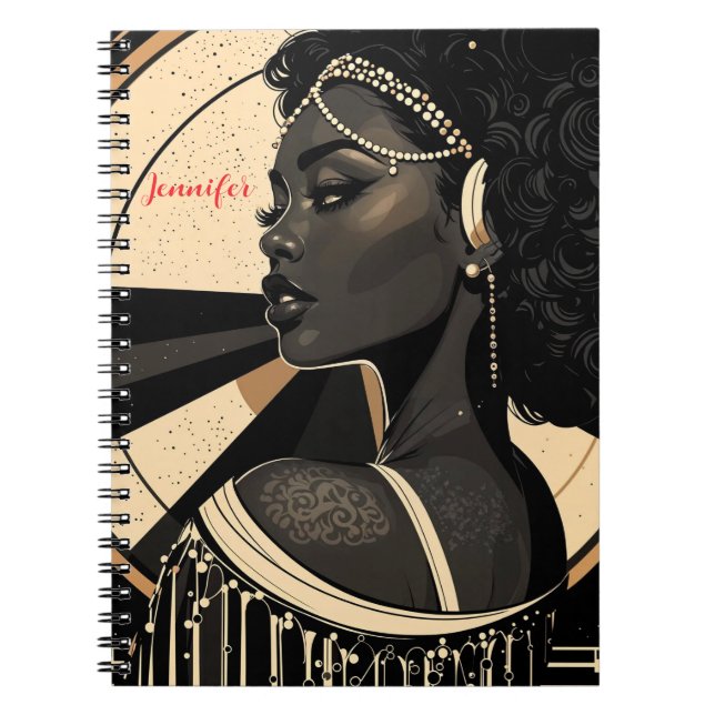 Cuaderno Elegante Art Deco Mujer Negra Flapper Personalizad (Frente)