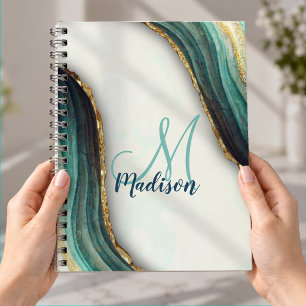 Cuaderno Elegante arte de mármol verde esmeralda con brillo