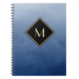 Cuaderno Elegante Azul Cepillado Con Monograma De Oro Simpl