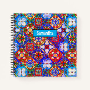 Cuaderno Elegante Baldosa Talavera Roja Azul Arte Mexicano