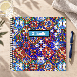 Cuaderno Elegante Baldosa Talavera Roja Azul Arte Mexicano